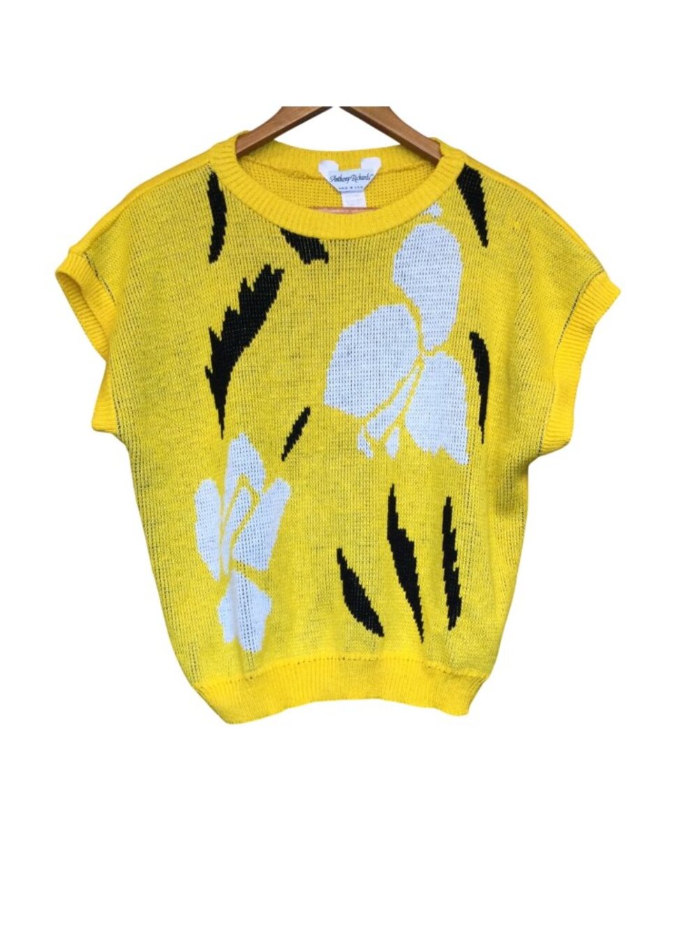 Vintage Anthony Richards Yellow Floral Knit Sweater Vest XL Acrylic Made In USA